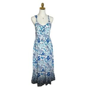 Jasper Blue Floral Button Front Maxi Dress Women XL Rayon Smocked Back Pockets